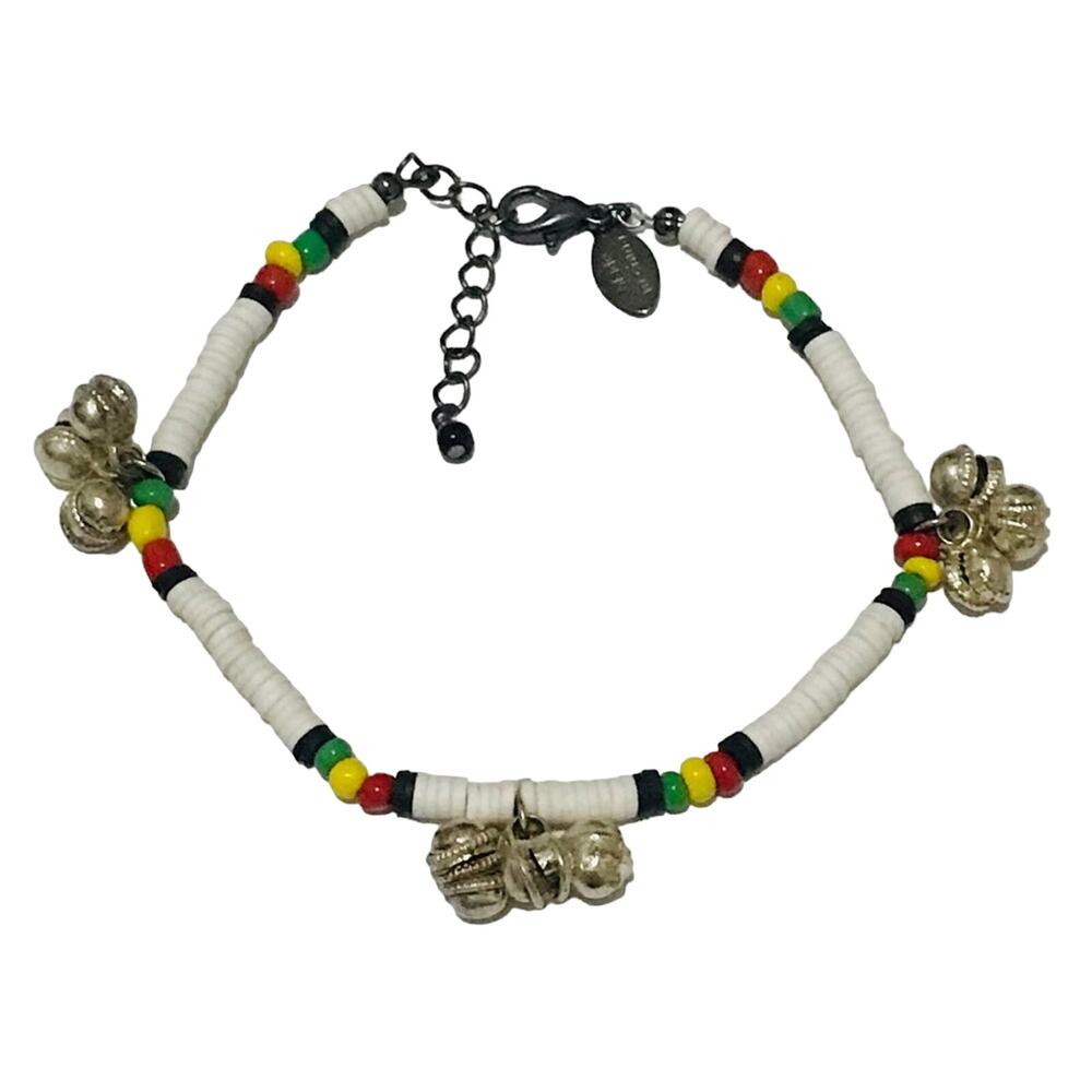 Beaded White, black, red, yellow, Green Bracelet with bells